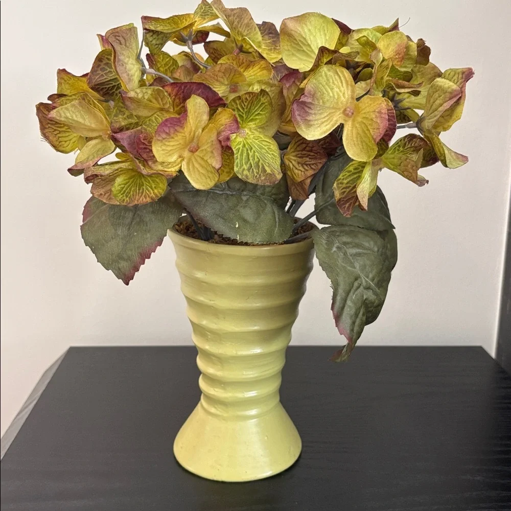 Green Ribbed Vase with Faux Hydrangea Arrangement